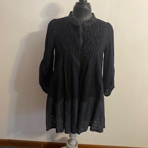 Suzette Black Long sleeves Pleated eyelet bottom dress, size S